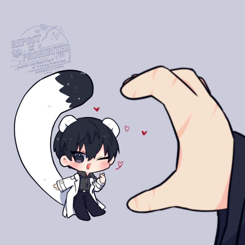 1boy 1other ;d animal_ears black_shirt chibi chibi_only coat collared_shirt commentary finger_heart full_body heart heart_hands heart_hands_duo heart_hands_failure highres kemonomimi_mode kim_dokja kimidori_22 leaning_back mouse_ears mouse_tail multiple_scars omniscient_reader&#039;s_viewpoint one_eye_closed open_clothes open_coat open_mouth outstretched_arm pov pov_hands scar scar_on_hand shirt smile standing symbol-only_commentary tail white_coat yoo_joonghyuk