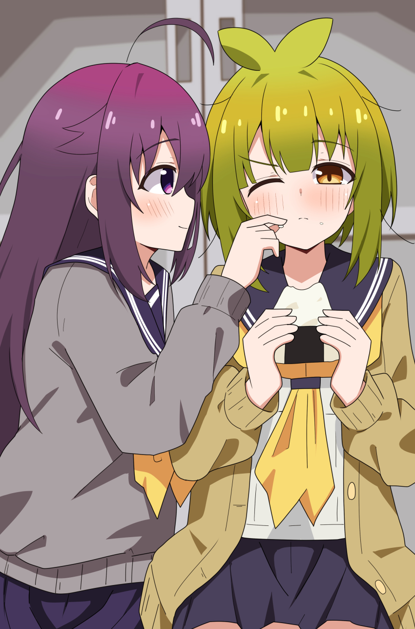1girl 2girls absurdres ahoge antenna_hair bashame_meme blue_sailor_collar blue_skirt blush cardigan closed_mouth cowboy_shot eating food food_on_face green_hair grey_cardigan hair_between_eyes hair_flaps hand_on_another&#039;s_cheek hand_on_another&#039;s_face highres hino_minami_high_school_uniform holding holding_food hosinonana koshi_anko_(shikanoko) light_frown long_hair long_sleeves looking_at_another looking_at_viewer multiple_girls neckerchief one_eye_closed onigiri open_cardigan open_clothes purple_eyes purple_hair sailor_collar school_uniform shikanoko_nokonoko_koshitantan shirt short_hair skirt smile solo white_shirt yellow_cardigan yellow_eyes yellow_neckerchief yuri
