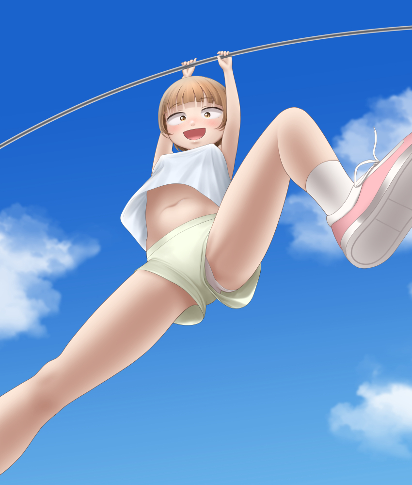 1girl :d absurdres arms_up blush breasts brown_eyes brown_hair coud covered_erect_nipples female_focus foot_out_of_frame from_below highres horizontal_bar looking_at_viewer looking_down navel open_mouth original outdoors paid_reward_available panties panty_peek pink_footwear sc_naru shirt shoe_soles short_hair short_shorts shorts sky sleeveless sleeveless_shirt small_breasts smile solo spread_legs thyighs underwear upshorts white_panties white_shirt white_shorts