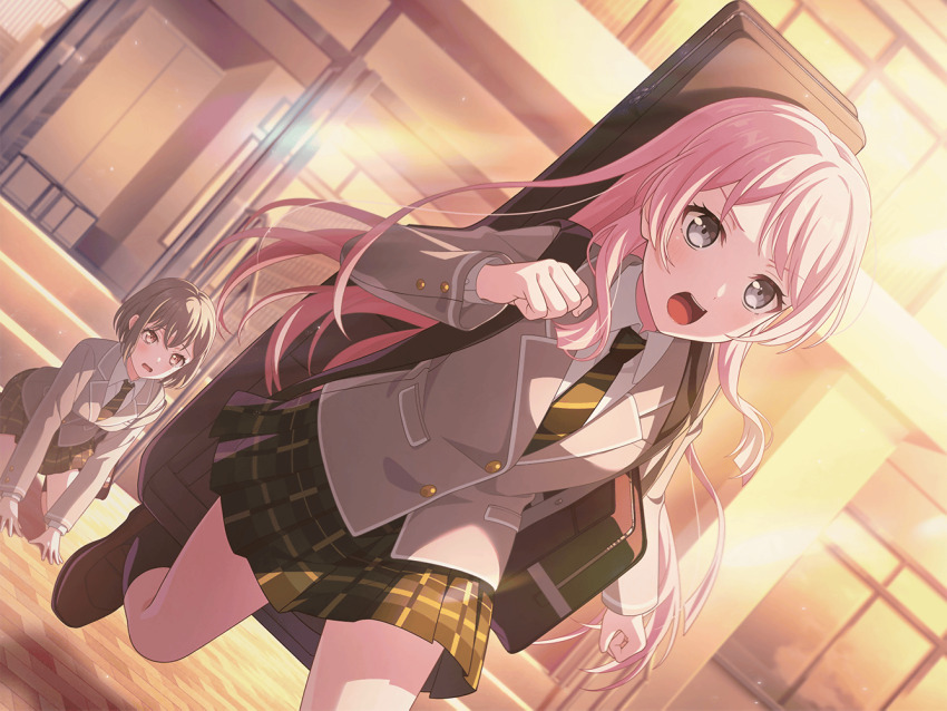 2girls bag bang_dream! bang_dream!_it&#039;s_mygo!!!!! black_bag black_socks blush brown_hair brown_shoes chihaya_anon diagonal-striped_clothes diagonal-striped_necktie fang game_cg green_necktie green_skirt grey_eyes grey_hair grey_jacket guitar_case haneoka_school_uniform instrument_case instrument_on_back jacket kneehighs kneeling loafers long_hair multiple_girls necktie official_art open_mouth pink_hair plaid_clothes plaid_skirt pleated_skirt running school_bag school_uniform shoes short_hair shoulder_bag skirt socks striped_clothes takamatsu_tomori teeth third-party_source upper_teeth_only