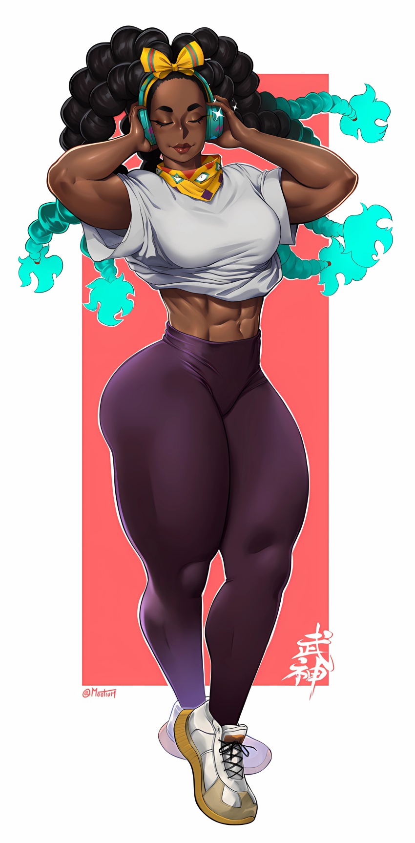 abs absurdres artist_logo ass black_hair bow breasts capcom closed_eyes crop_top dark-skinned_female dark_skin green_hair hair_bow hair_ribbon headphones headphones_over_headwear highres holding holding_headphones kimberly_jackson leggings logo midriff mootium multicolored_hair muscular muscular_female purple_leggings red_background ribbon shirt shirt_lifted_by_self shoes sneakers sparkle street_fighter street_fighter_6 t-shirt thick_thighs thighs twitter_username two-tone_background two-tone_hair very_dark_skin white_background