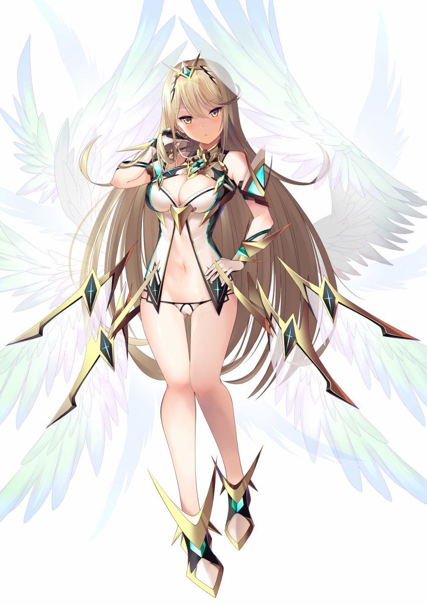 1girl blonde_hair breasts cleavage cleavage_cutout clothing_cutout daive earrings highres jewelry large_breasts long_hair mythra_(xenoblade) prototype_design solo stomach stomach_cutout swept_bangs tiara very_long_hair wings xenoblade_chronicles_(series) xenoblade_chronicles_2 yellow_eyes