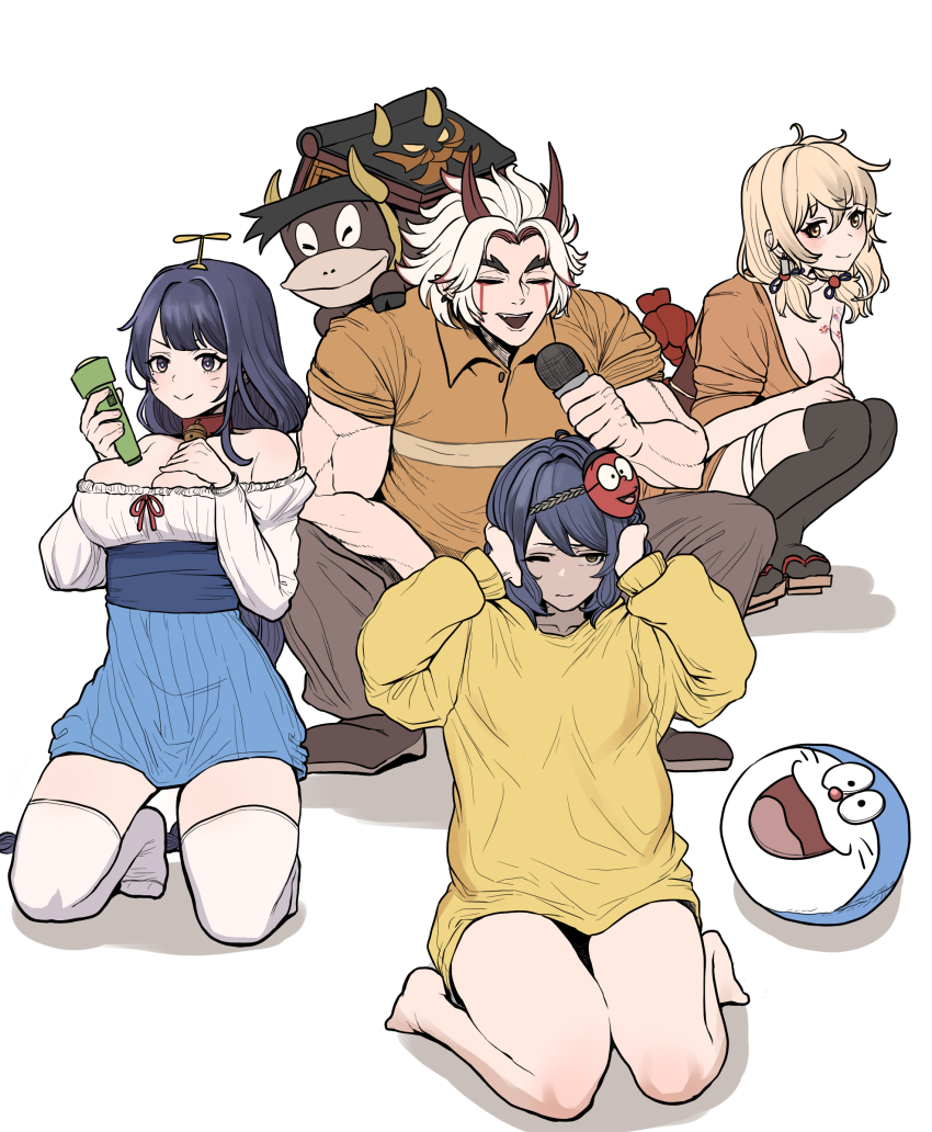 1boy 3girls annoyed arataki_itto bandaged_leg bandages bare_legs bare_shoulders bell black_thighhighs blonde_hair blue_hair blue_skirt breast_suppress breasts brown_pants cameo character_mask character_request chroong cleavage closed_eyes collared_shirt cosplay covering_own_ears doraemon doraemon_(character) doraemon_(character)_(cosplay) facial_mark forked_eyebrows genshin_impact geta gouda_takeshi gouda_takeshi_(cosplay) hadanugi_dousa hair_over_shoulder hand_up hands_on_own_head hands_up highres holding holding_lighter holding_microphone honekawa_suneo honekawa_suneo_(cosplay) horns japanese_clothes jingle_bell kappa kimono kneeling kujou_sara large_breasts lighter long_hair long_sleeves looking_at_viewer low_twintails mask mask_on_head microphone multiple_girls muscular muscular_male music neck_bell no_shoes nobi_nobita nobi_nobita_(cosplay) off_shoulder on_shoulder one_eye_closed open_kimono open_mouth orange_kimono orange_shirt pants parody raiden_shogun sash shirt short_hair shrine singing skirt sleeves_rolled_up small_light_(doraemon) smile smug squatting sweater takecopter thighhighs trait_connection twintails whisker_markings white_shirt white_thighhighs yellow_sweater yoimiya_(genshin_impact) zettai_ryouiki