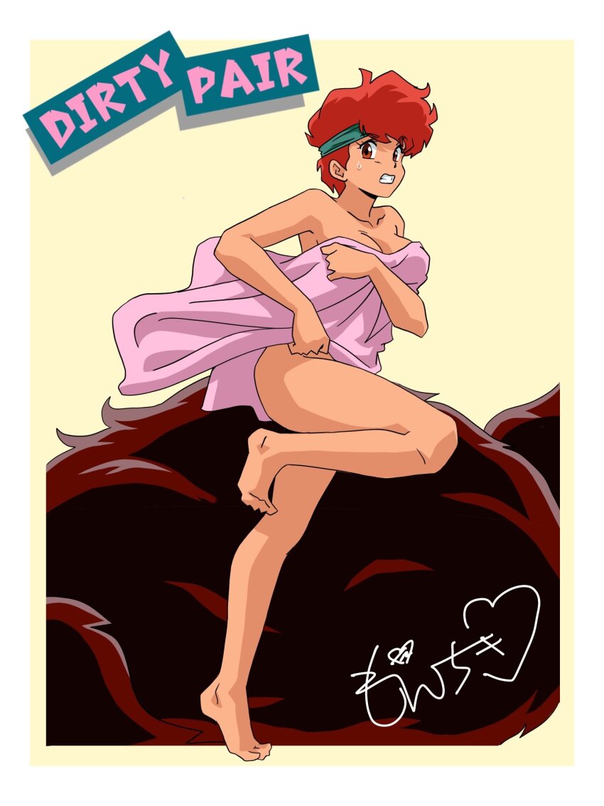 1980s_(style) 1girl dirty_pair english_text full_body headband highres kei_(dirty_pair) moechiki oldschool red_eyes red_hair retro_artstyle short_hair standing standing_on_one_leg
