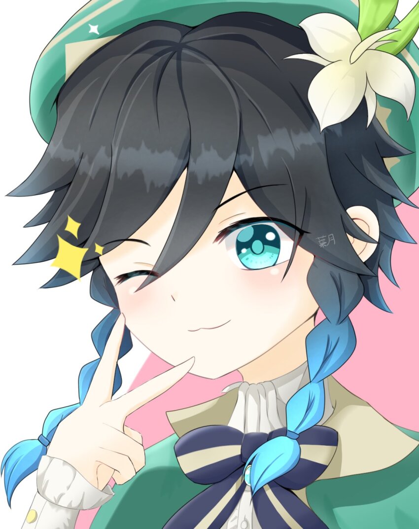 1boy :3 androgynous bard beret braid cecilia_flower_(genshin_impact) flower genshin_impact gradient_hair green_hat hat hat_flower highres male_focus multicolored_hair one_eye_closed pale_skin short_hair_with_long_locks side_braids sparkle twin_braids ues5teysfroffib v venti_(genshin_impact) white_flower