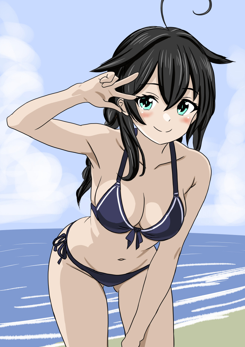 1girl absurdres beach bikini black_bikini black_hair blue_eyes blue_sky bone_namu(namu49850) braid breasts cleavage cloud commentary_request day front-tie_bikini_top front-tie_top gluteal_fold hair_flaps highres horizon kantai_collection long_hair medium_breasts ocean outdoors shigure_(kancolle) shigure_kai_ni_(kancolle) side-tie_bikini_bottom single_braid sky smile solo swimsuit v