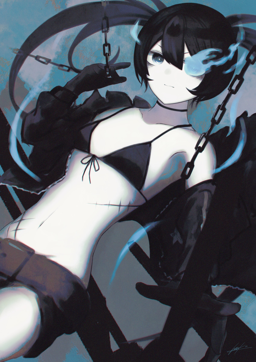 1girl absurdres belt belt_buckle bikini bikini_top_only bikini_under_clothes black_belt black_bikini black_coat black_gloves black_hair black_ribbon black_rock_shooter black_rock_shooter_(character) black_shorts blue_background buckle chain closed_mouth coat collarbone flaming_eye flat_chest floating_hair front-tie_bikini_top front-tie_top gloves grey_eyes groin hair_between_eyes highres long_hair midriff navel open_clothes open_coat ribbon scar short_shorts shorts signature solo stomach sutorobo72 swimsuit twintails