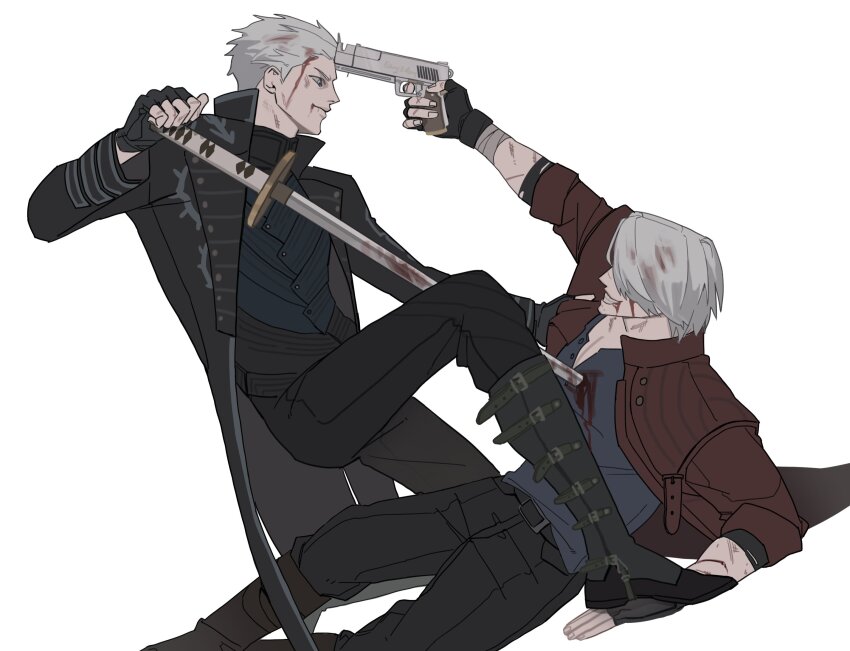 2boys aiming belt belt_buckle black_belt black_coat black_gloves blood blood_on_face blue_eyes boots brothers buckle closed_mouth clothes_grab coat collared_coat commentary_request dante_(devil_may_cry) devil_may_cry_(series) devil_may_cry_5 fighting fingerless_gloves foot_on_hand gloves grey_hair grin gun hair_slicked_back handgun highres holding holding_gun holding_sword holding_weapon impaled injury looking_at_another male_focus multiple_boys open_clothes open_coat parted_hair popped_collar red_coat short_hair siblings simple_background smile sword teeth twins vergil_(devil_may_cry) weapon white_background yamato_(sword) yeo_baek