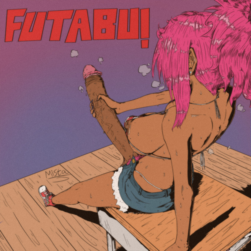 1futa absurdres american_flag american_flag_bikini american_flag_print artist_name ass back bikini breasts breath copyright_name dark-skinned_female dark_areolae dark_nipples dark_skin earrings ellen_(futabu) erection film_grain flag_print foreskin from_above from_behind futabu futanari gyaru hairy highres huge_ass huge_penis jewelry large_areolae large_breasts large_nipples masturbation mistajaay nipples penis pink_hair print_bikini pubic_hair retracted_foreskin retro_artstyle self-upload shoes short_shorts shorts sitting sneakers solo steam steaming_body sweat sweatdrop swimsuit talking testicle_hair