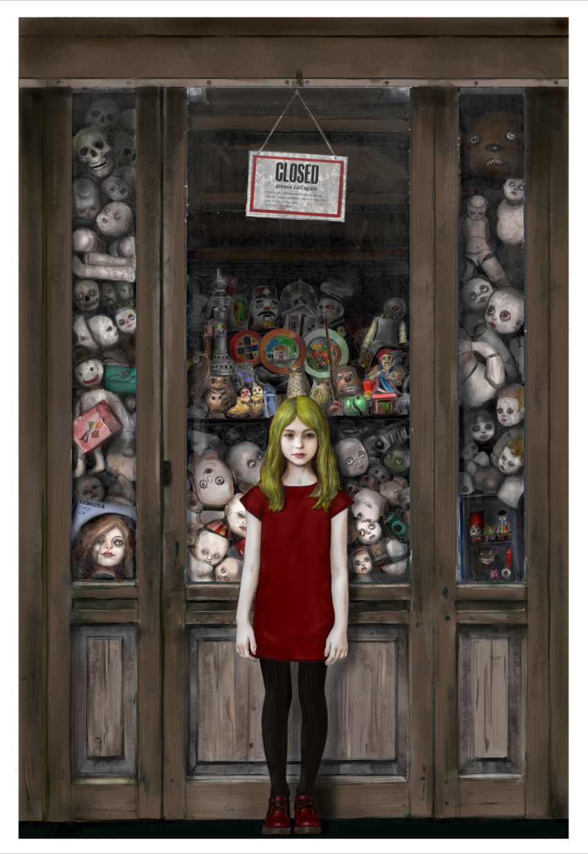 1girl blonde_hair creepy doll flat_chest head highres looking_at_viewer solo store tagme toy vitrine window