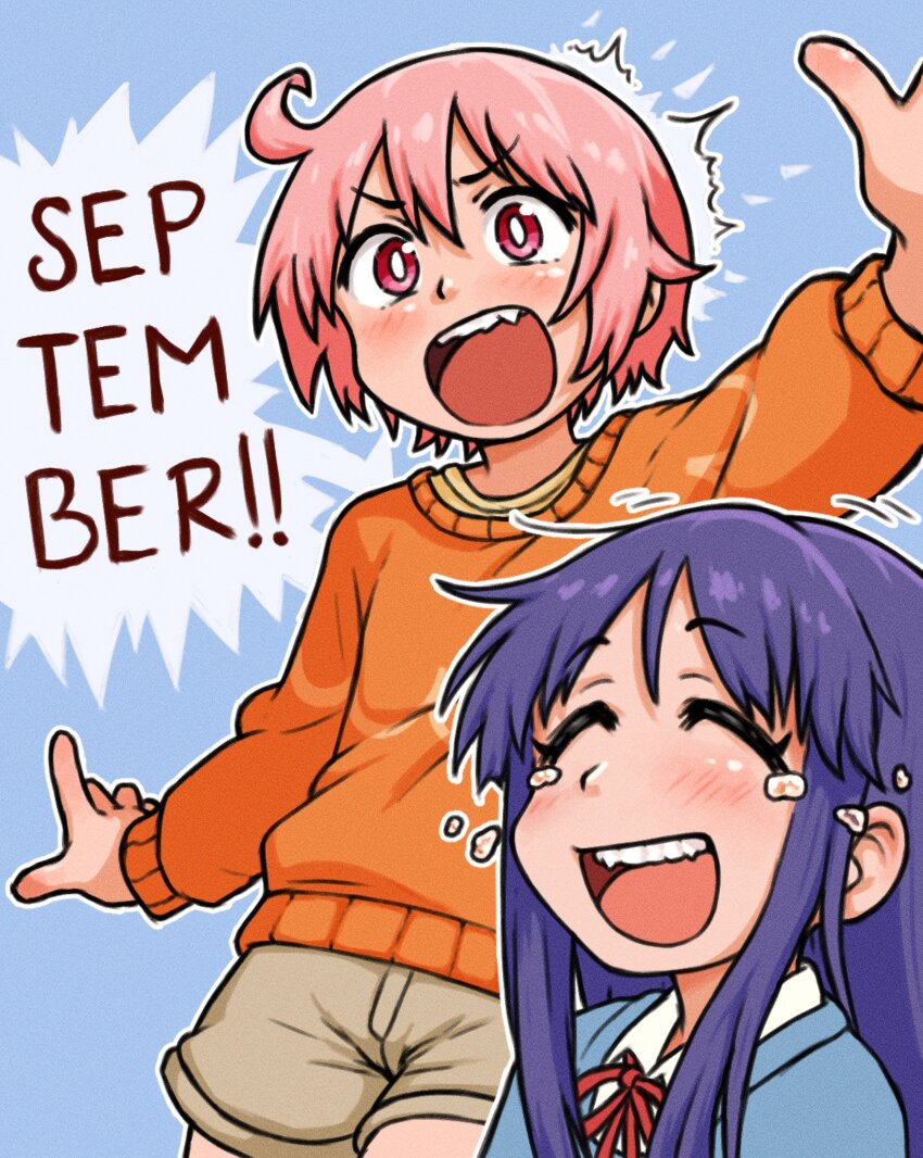 2girls absurdres ahoge arm_up beachepisode blue_background brown_shorts closed_eyes english_text fang hair_between_eyes highres hinata_yukari laughing multiple_girls nonohara_yuzuko open_mouth orange_sweater pink_eyes pink_hair september short_hair shorts shouting speech_bubble sweater teeth upper_body upper_teeth_only v-shaped_eyebrows yuyushiki