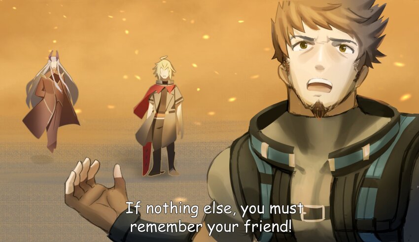 3boys ahoge beard blonde_hair brown_eyes brown_hair english_text facial_hair floating full_body highres levitation long_hair medaman multiple_boys night outdoors red_scarf rex_(xenoblade) scarf scene_reference shulk_(xenoblade) snow subtitled upper_body white_hair xenoblade_chronicles_(series) xenoblade_chronicles_1 xenoblade_chronicles_3 z_(xenoblade)