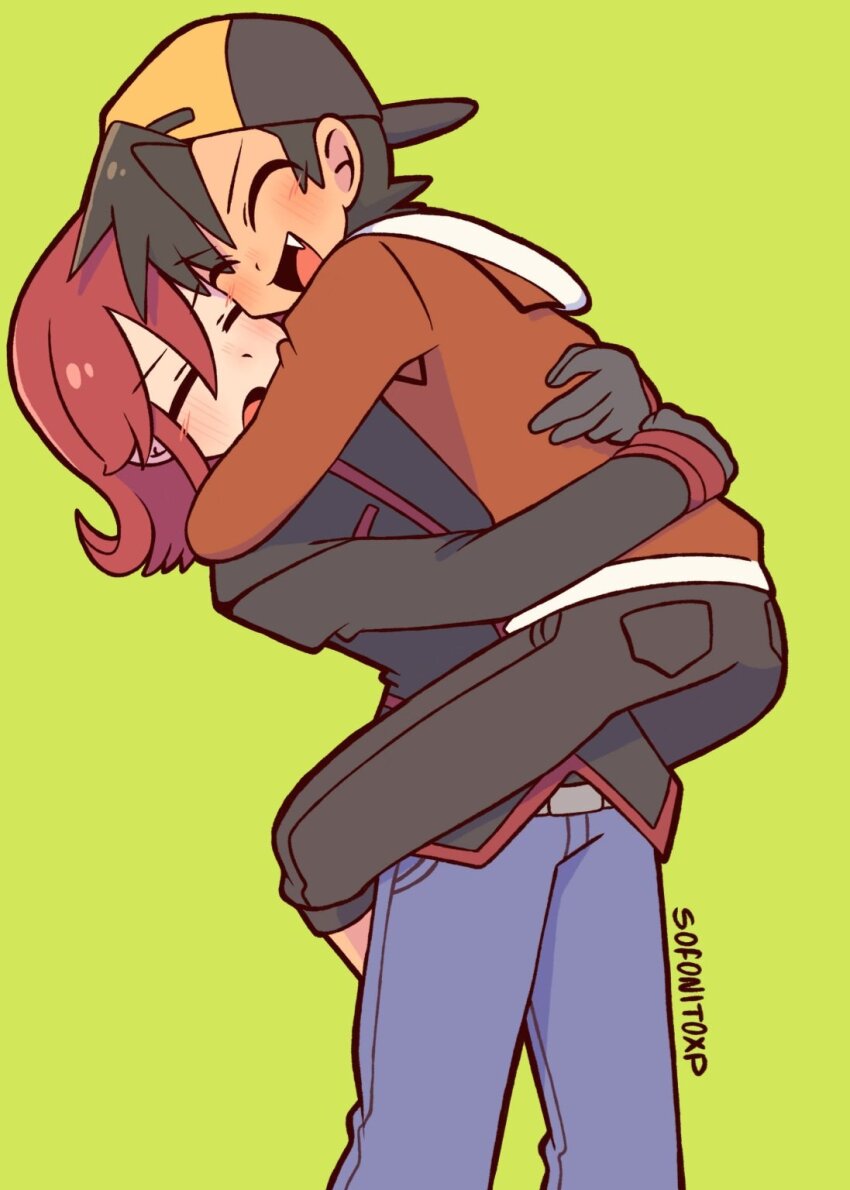 2boys backwards_hat baseball_cap black_gloves black_hair black_pants blush closed_eyes denim ethan_(pokemon) fang gloves green_background hat highres hood hood_down hoodie hug jeans long_hair long_sleeves male_focus multiple_boys nintendo open_mouth pants pokemon pokemon_hgss red_hair red_hoodie short_hair silver_(pokemon) simple_background smile sofo_soup yaoi