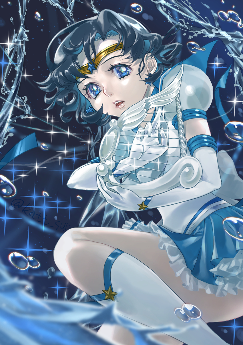 1girl absurdres bishoujo_senshi_sailor_moon blue_bow blue_bowtie blue_choker blue_eyes blue_hair blue_sailor_collar blue_skirt bow bowtie brooch choker commentary_request earrings elbow_gloves gem gloves harp highres holding_harp instrument jewelry katt_sun mizuno_ami sailor_collar sailor_mercury sailor_senshi_uniform short_hair short_sleeves skirt smile solo super_sailor_mercury_(stars) white_gloves