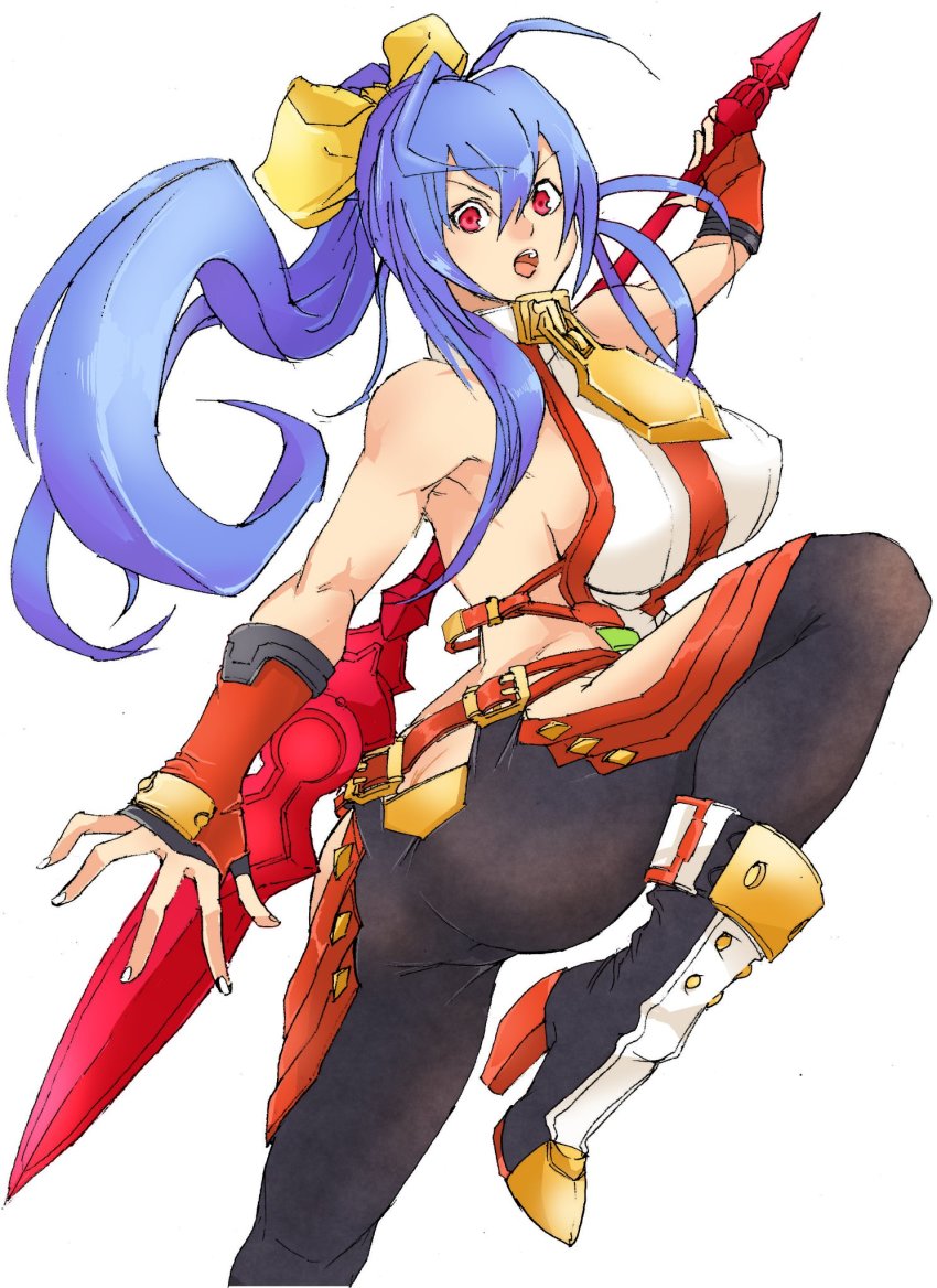 1girl antenna_hair arc_system_works armpits ass bare_shoulders blazblue boots bow breasts butt_crack fingerless_gloves gloves hair_bow hair_ribbon halterneck halterneck high_heel_boots high_heels highres large_breasts long_hair looking_at_viewer mai_natsume open_mouth outseal pants polearm ponytail red_eyes ribbon sideboob simple_background solo spear twittakj v-shaped_eyebrows very_long_hair weapon white_background