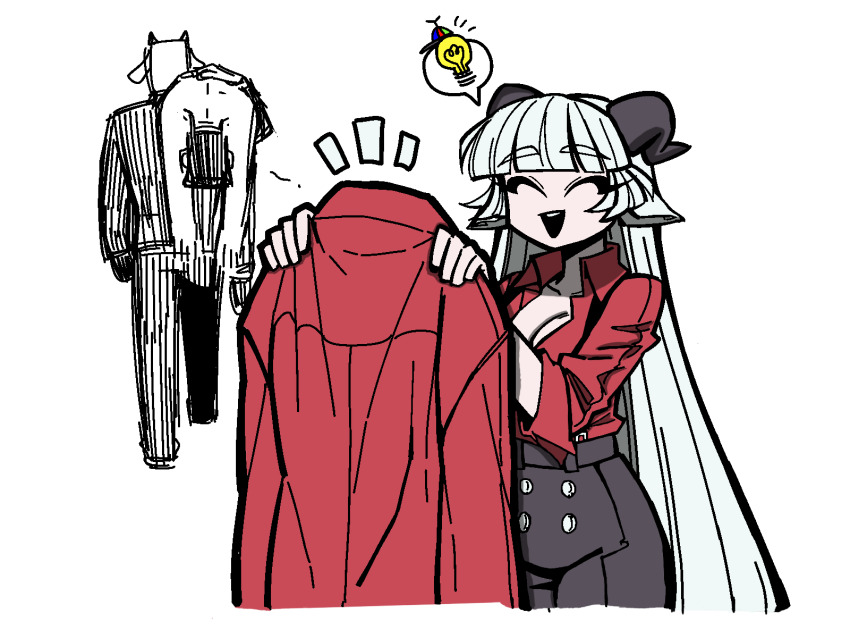 animal_ears bad_link baphomet_(grizz) black_horns buttons coat collared_shirt demon demon_girl demon_horns dress_shirt formal_clothes goat_bodyguard_(grizz) goat_boy goat_ears goat_girl greyscale grizz happy helltaker helltaker_(character) highres horns idea light_bulb lineart long_hair looking_at_viewer monochrome necktie open_mouth original pinstripe_pattern red_shirt ribbon shirt smile speech_bubble standing suit thought_bubble vanripper_(style) white_hair
