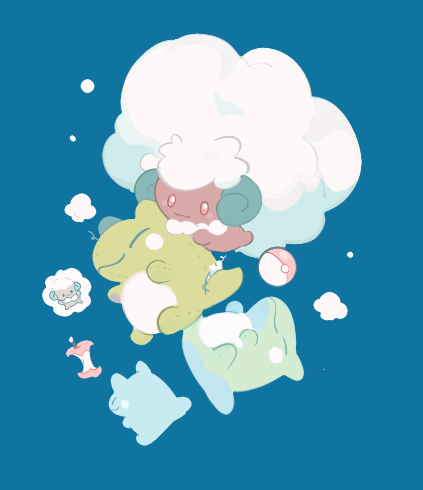 apple apple_core bright_pupils character_doll closed_mouth commentary_request food fruit game_freak gen_5_pokemon gogeyama highres nintendo no_humans orange_eyes poke_ball poke_ball_(basic) pokemon pokemon_(creature) simple_background smile stitches stuffing substitute_(pokemon) whimsicott white_pupils