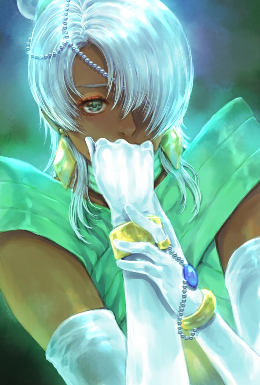 1boy bracelet crossdressing dark-skinned_male dark_skin dress earrings elbow_gloves gloves green_dress green_eyes gundam hair_ornament hair_over_one_eye highres jewelry laura_rolla looking_at_viewer loran_cehack makeup male_focus medium_hair necklace ring simple_background solo takeda_yuuko turn_a_gundam upper_body white_gloves white_hair