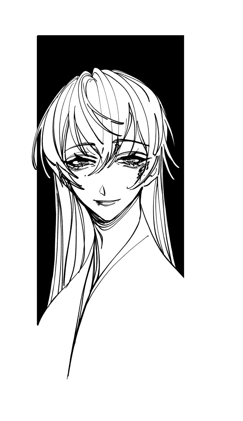 1boy absurdres bags_under_eyes black_background blood blood_on_face code:_kite commentary cropped_shoulders double-parted_bangs greyscale hair_between_eyes highres injury light_smile lineart long_hair looking_at_viewer male_focus mole mole_under_eye monochrome solo straight-on straight_hair symbol-only_commentary weibo_7587683077 white_background yuan_ji_(code:_kite)