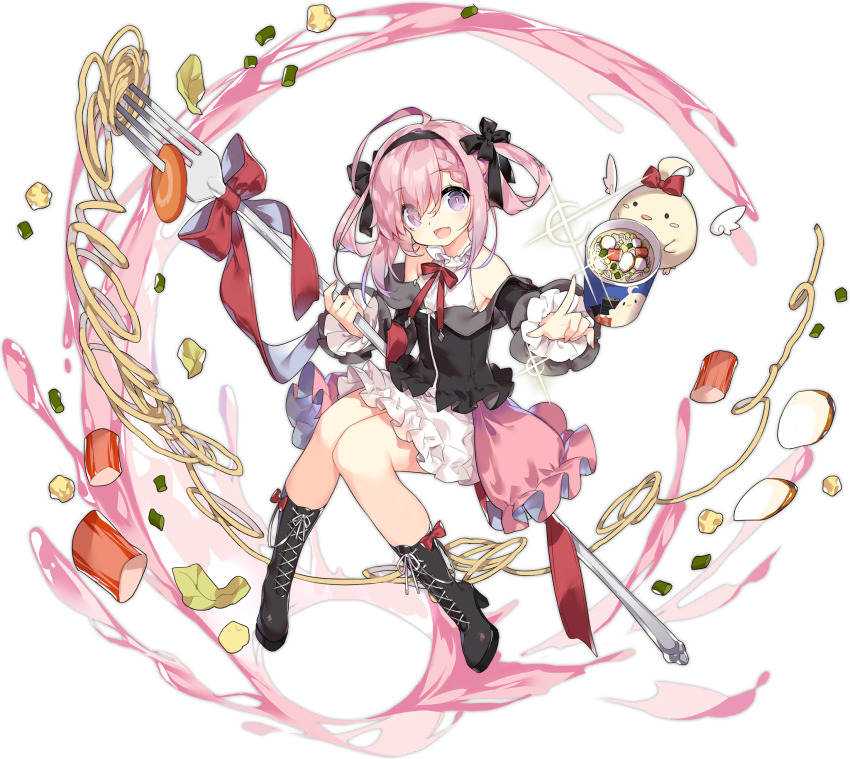 ahoge azur_lane bare_shoulders boots brown_boots cup_ramen dress food fork frilled_dress frills hair_ornament hair_ribbon hairband highres instant_ramen looking_at_viewer manjuu_(azur_lane) neck_ribbon noodles official_alternate_costume official_art open_mouth pink_dress pink_hair pointing pointing_at_viewer purple_eyes ramen red_ribbon ribbon saratoga_(azur_lane) saratoga_(cup_ramen_ambassador?)_(azur_lane) saru solo transparent_background two_side_up