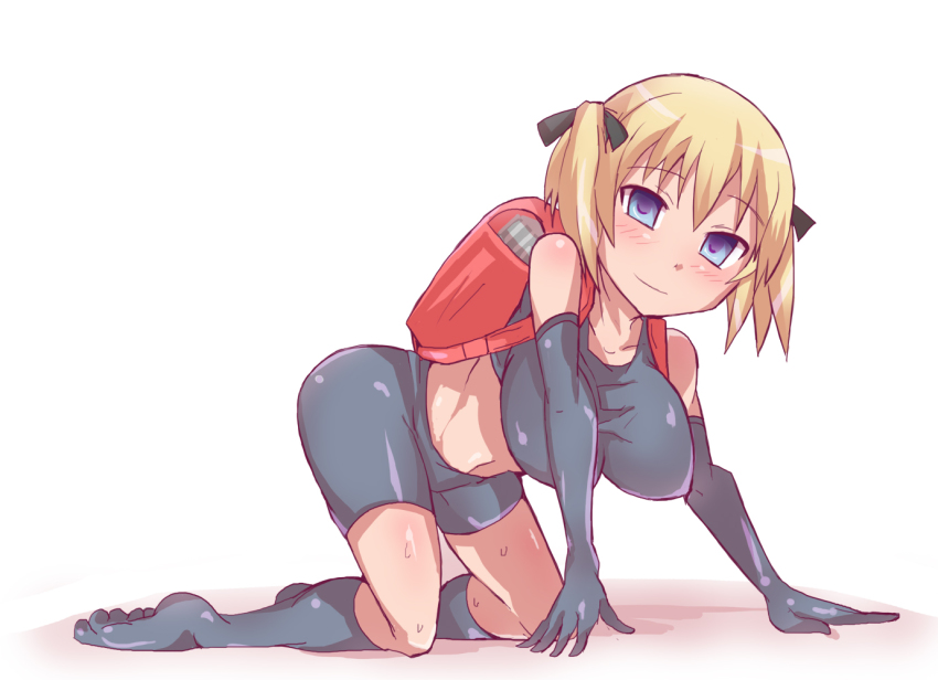 1girl backpack bag blonde_hair blue_eyes gedou_danshaku long_glove looking_at_viewer original randoseru simple_background solo tagme white_background
