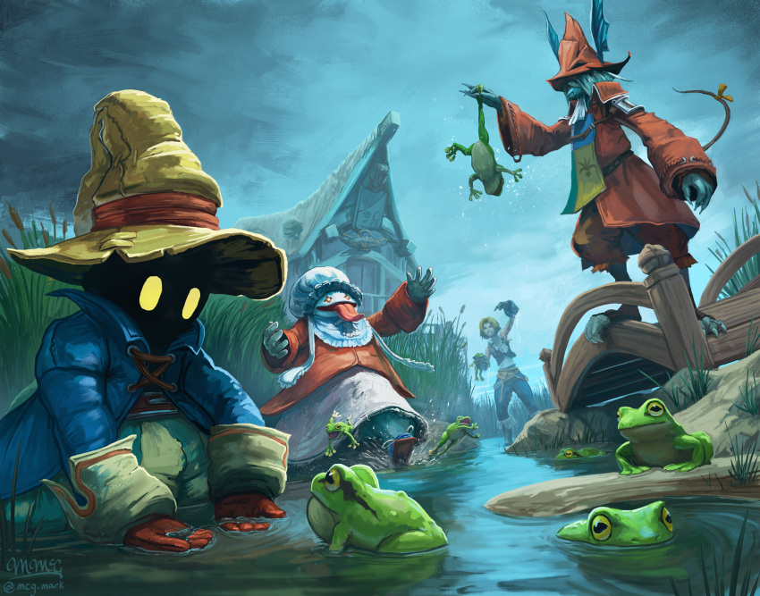 1girl 1other 2boys bridge cattail cloud cloudy_sky final_fantasy final_fantasy_ix freija_crescent frog gloves glowing glowing_eyes grass hat highres holding_frog long_tongue mcgmark mouse_girl multiple_boys open_mouth plant pond quina_quen sky splashing standing tall_grass toeless_footwear tongue vivi_ornitier zidane_tribal