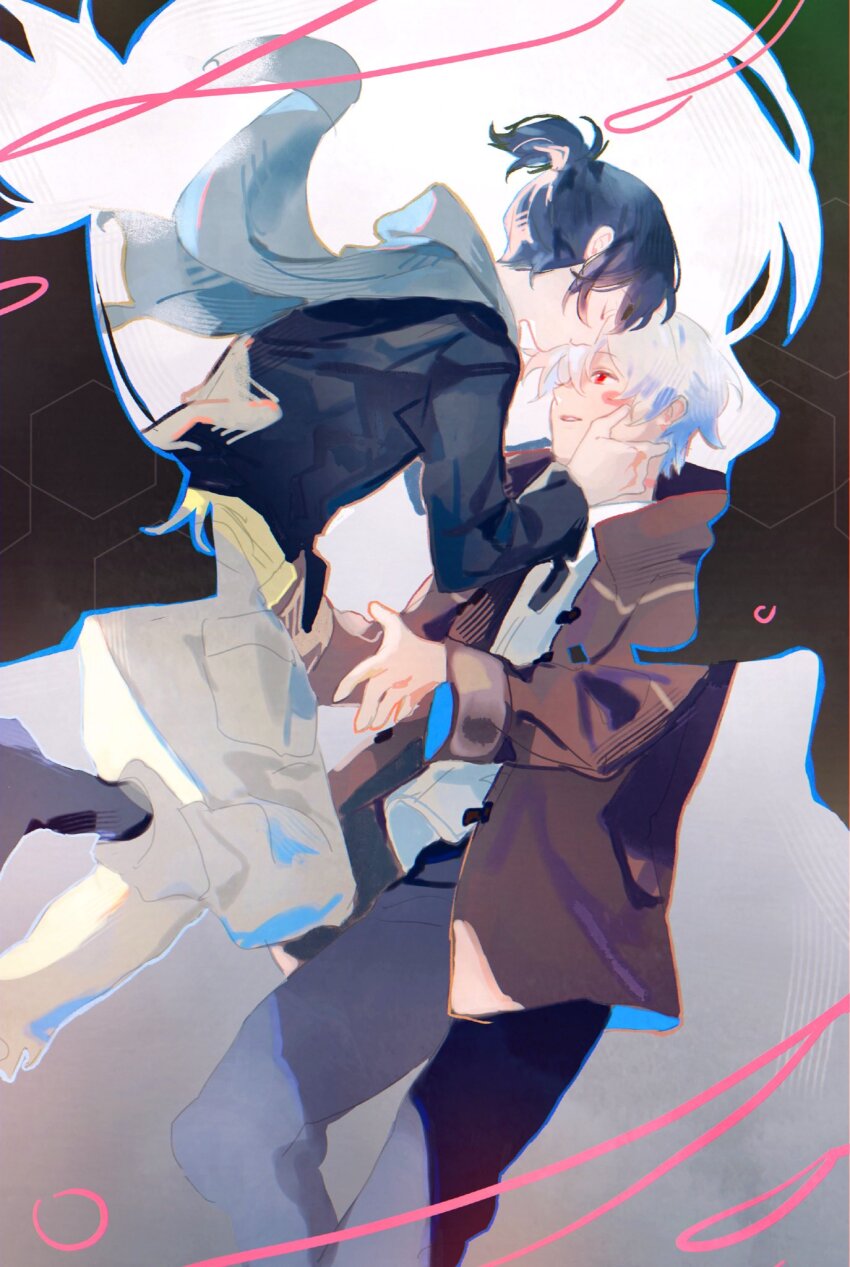2boys arms_up black_jacket black_pants blue_hair blue_scarf blush_stickers closed_eyes closed_mouth commentary hand_on_another&#039;s_face hapyunbday hashtag-only_commentary highres jacket long_sleeves looking_at_another male_focus multiple_boys nezumi_(no.6) no.6 open_clothes open_jacket pants parted_lips ponytail popped_collar red_eyes scarf shion_(no.6) shirt silhouette smile white_hair white_pants white_shirt yaoi