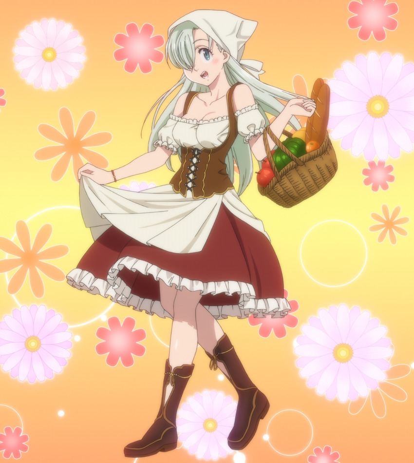 1girl anime_screenshot blue_eyes boots breasts dress elizabeth_liones hair_over_one_eye highres nanatsu_no_taizai open_mouth platinum_hair simple_background smile stitched third-party_edit