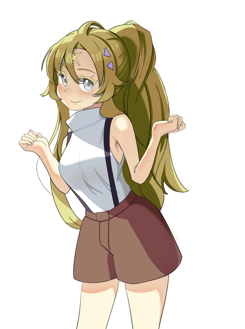 1girl blonde_hair blush breasts brown_shorts closed_mouth colored_eyelashes commentary cowboy_shot curled_fingers duel_monster ecclesia_(yu-gi-oh!) ecclesia_the_exiled eyelashes eyes_visible_through_hair facial_mark grey_eyes hair_between_eyes hair_ornament high_ponytail highres jimetsuryuu_dongara_x leaning_forward long_bangs long_hair long_sidelocks looking_at_viewer parted_bangs ponytail shirt shirt_tucked_in shorts sidelocks sideways_glance simple_background sleeveless sleeveless_shirt smile solo suspender_shorts suspenders w_arms white_background white_shirt x x_facial_mark yu-gi-oh!