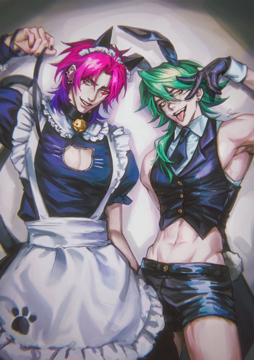2boys alternate_costume animal_ears apron armpits bare_shoulders bell black_dress black_gloves black_necktie black_shorts cat_ears cleavage_cutout clothing_cutout colored_sclera crossdressing dress enmaided ezreal fake_animal_ears glasses gloves green_hair grin hand_up heartsteel_ezreal heartsteel_kayn highres kayn_(league_of_legends) league_of_legends long_hair maid male_focus male_maid multicolored_hair multiple_boys nail_polish navel neck_bell necktie pink_hair puffy_short_sleeves puffy_sleeves purple_hair rabbit_ears red_sclera round_eyewear short_necktie short_sleeves shorts smile staryoruu teeth two-tone_hair waist_apron
