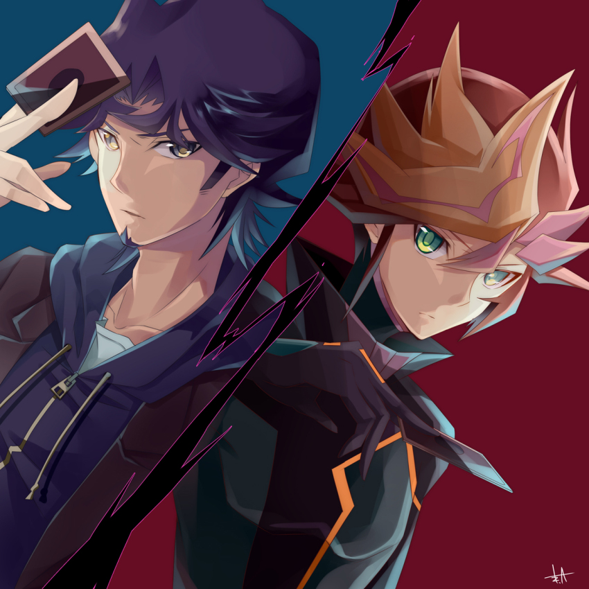 2boys akisaki alternate_form black_bodysuit blazer blue_background bodysuit brown_coat brown_eyes card coat colored_bangs commentary cowboy_shot drawstring facial_hair facing_to_the_side fujiki_yusaku goatee green_bodysuit green_eyes green_hair hand_up highres holding holding_card hood hoodie jacket kusanagi_shouichi looking_at_viewer male_focus multiple_boys open_clothes open_coat parted_bangs peacoat playmaker_(yu-gi-oh!) popped_collar purple_hair purple_hoodie red_background red_hair shirt sideburns spiked_hair two-tone_background two-tone_bodysuit white_shirt yellow_trim yu-gi-oh! yu-gi-oh!_vrains zipper_pull_tab