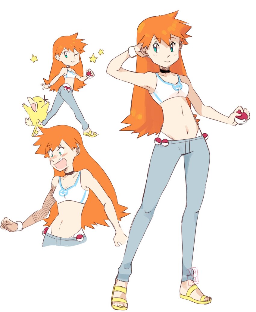 1girl armpits ass back blouse breasts cutie-png denim gen_1_pokemon green_eyes gym_leader highres jeans legs long_hair misty_(pokemon) navel nintendo one_eye_closed orange_hair pants pokemon pokemon_rgby ponytail psyduck shirt side_ponytail sleeveless small_breasts standing tank_top thighs white_shirt wink