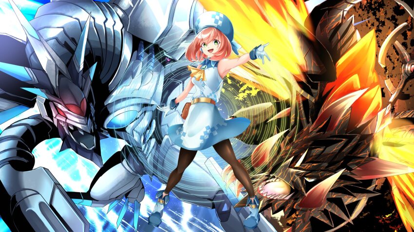 1girl digimon dragon highres kurihara_hina metallicdramon red_eyes tail volcanicdramon wings