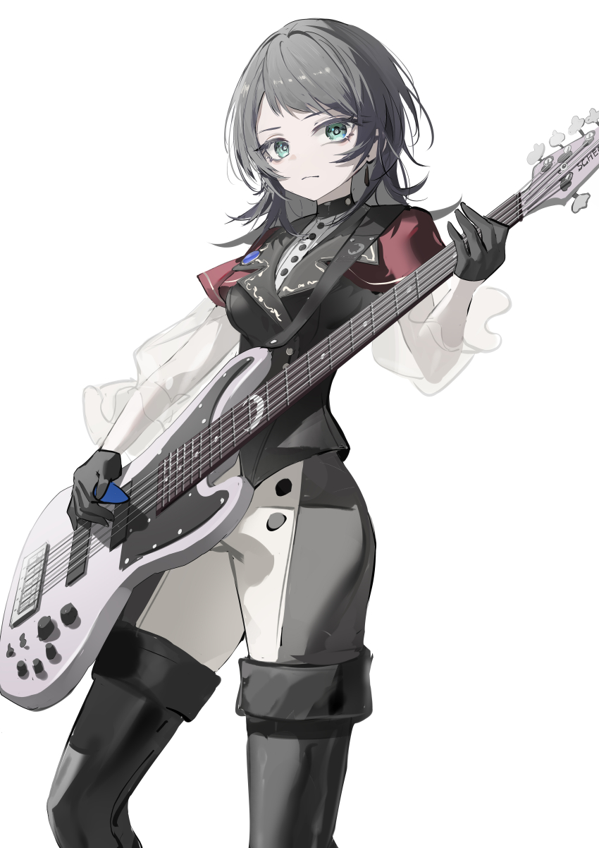 1girl 5-string_bass_guitar absurdres bang_dream! bang_dream!_it&#039;s_mygo!!!!! bass_guitar black_boots black_gloves black_hair black_pants black_vest blue_eyes boots capelet closed_mouth commentary english_commentary extended_range_bass_guitar gloves highres holding holding_plectrum instrument looking_at_viewer luozhou_pile medium_hair pants plectrum red_capelet shirt simple_background solo thigh_boots timoris_(bang_dream!) two-tone_pants vest white_background white_pants white_shirt yahata_umiri