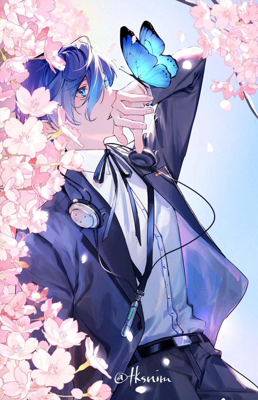 1boy absurdres belt black_jacket black_pants black_ribbon blue_butterfly blue_eyes blue_hair bug butterfly cherry_blossoms collared_shirt commentary cowboy_shot digital_media_player digital_walkman earphones falling_petals from_side gekkoukan_high_school_uniform hair_between_eyes hand_up headphones headphones_around_neck highres insect jacket long_sleeves looking_up male_focus neck_ribbon open_clothes open_jacket pants parted_lips persona persona_3 persona_3_reload petals ribbon school_uniform shirt short_hair solo tk_(tksnim) twitter_username walkman_nw-s203f white_shirt yuuki_makoto_(persona_3)