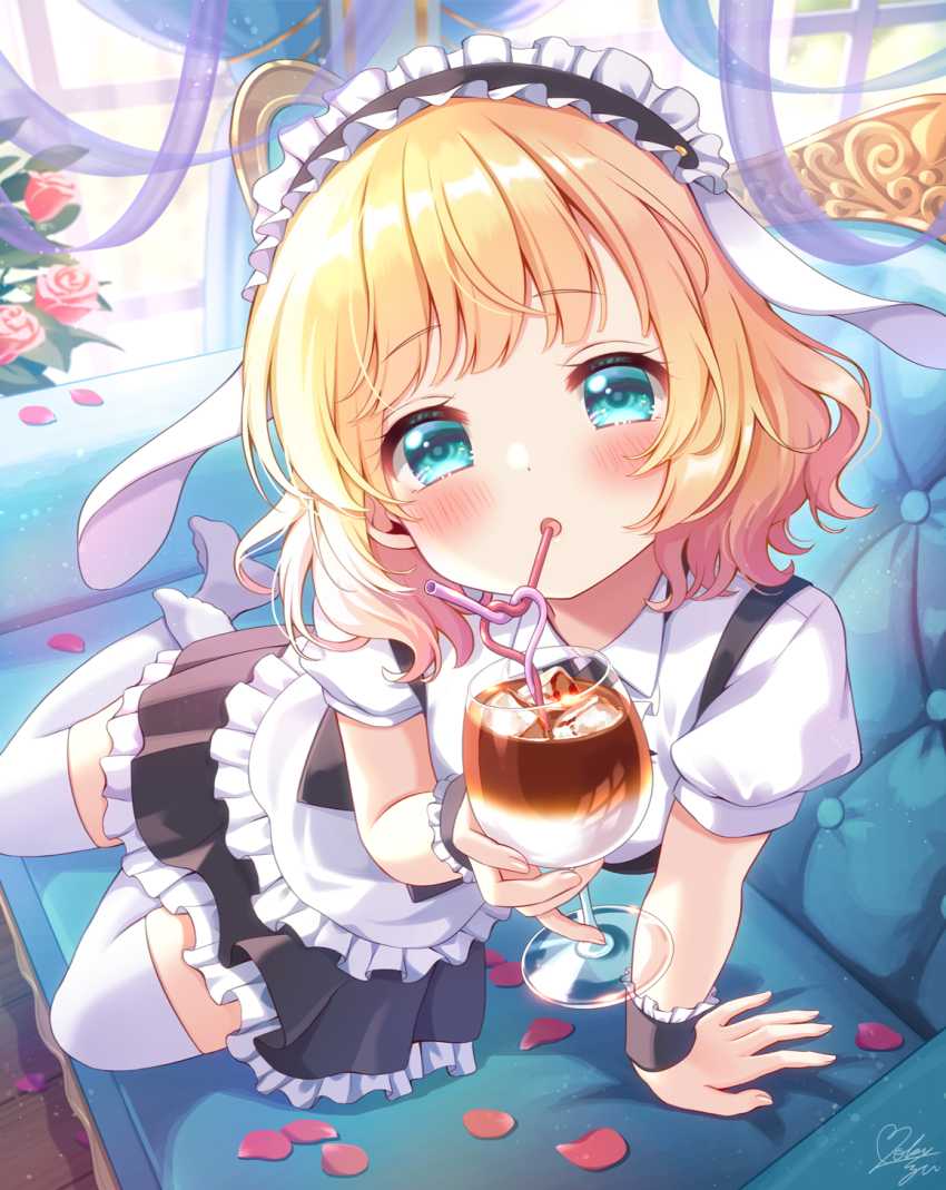 1girl :o apron aqua_eyes black_skirt blonde_hair blush commentary couch crazy_straw cup curtains dot_nose drink drinking_straw fleur_de_lapin_uniform frilled_apron frilled_hairband frilled_skirt frills full_body gochuumon_wa_usagi_desu_ka? hairband highres holding holding_cup indoors kirima_syaro looking_at_viewer mozukun43 no_shoes on_couch open_mouth petals puffy_short_sleeves puffy_sleeves rose_petals short_hair short_sleeves signature skirt solo thighhighs waist_cape white_apron white_thighhighs window wrist_cuffs