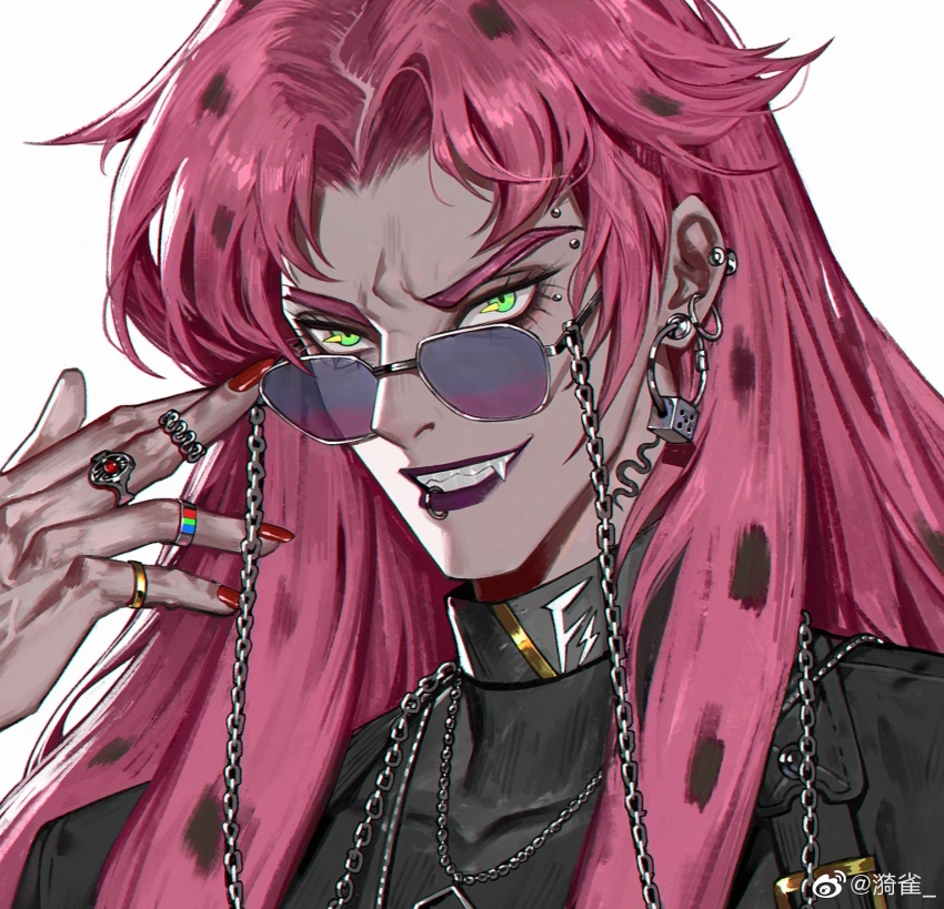 1boy adjusting_eyewear bag belt belt_buckle black_belt black_shirt buckle chain chain_necklace chinese_commentary collared_shirt commentary_request diavolo dice dice_earrings ear_piercing earrings eye_piercing eyelashes fang fang_out fass_(weibo_7305677554) forehead_piercing furrowed_brow gold_ring green_eyes grey-framed_eyewear grin hand_on_eyewear highres hoop_earrings jewelry jojo_no_kimyou_na_bouken lip_piercing lipstick long_hair makeup male_focus multiple_earrings multiple_piercings multiple_rings nail_polish necklace necktie pale_skin parted_bangs piercing pink_hair purple-tinted_eyewear purple_lips red_necktie ring sharp_teeth shirt shoulder_bag sidelocks simple_background smile solo sunglasses teeth thick_eyebrows tinted_eyewear upper_body vento_aureo watermark weibo_watermark white_background