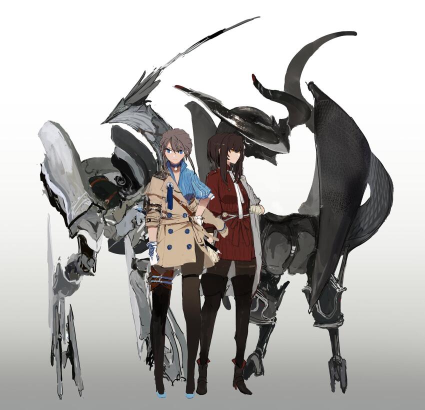 2girls arm_belt bell belt belt_buckle black_belt black_footwear black_pantyhose black_thighhighs blue_belt blue_choker blue_eyes blue_footwear blue_shirt boots bow bracelet brown_belt brown_coat brown_gloves brown_hair buckle buttons check_copyright choker closed_mouth coat coat_partially_removed collared_coat collared_shirt commentary_request copyright_request creature double-breasted dress elbow_gloves full_body gloves gradient_background grey_background grey_coat grey_pantyhose hair_between_eyes hand_on_own_hip high_collar high_heel_boots high_heels highres jewelry lapel_pin lapels long_sleeves looking_ahead multiple_belts multiple_girls neck_bell neckerchief orange_eyes original pantyhose peaked_lapels pointy_footwear puffy_short_sleeves puffy_sleeves red_bow red_dress shirt short_dress short_hair_with_long_locks short_sleeves siirakannu smile standing thigh_belt thigh_strap thighhighs vertical-striped_sleeves waist_bow white_gloves white_neckerchief