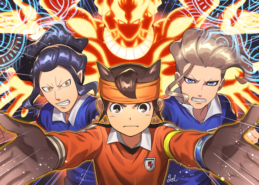3boys blue_eyes blue_hair blue_shirt brown_eyes brown_gloves brown_hair dolustoy endou_mamoru gloves goalkeeper headband highres inazuma_eleven_(series) inazuma_japan keshin_(inazuma_eleven) looking_at_viewer male_focus multiple_boys nishikage_seiya orange_eyes orange_headband orange_shirt pointy_ears saginuma_osamu shirt soccer_uniform sportswear upper_body