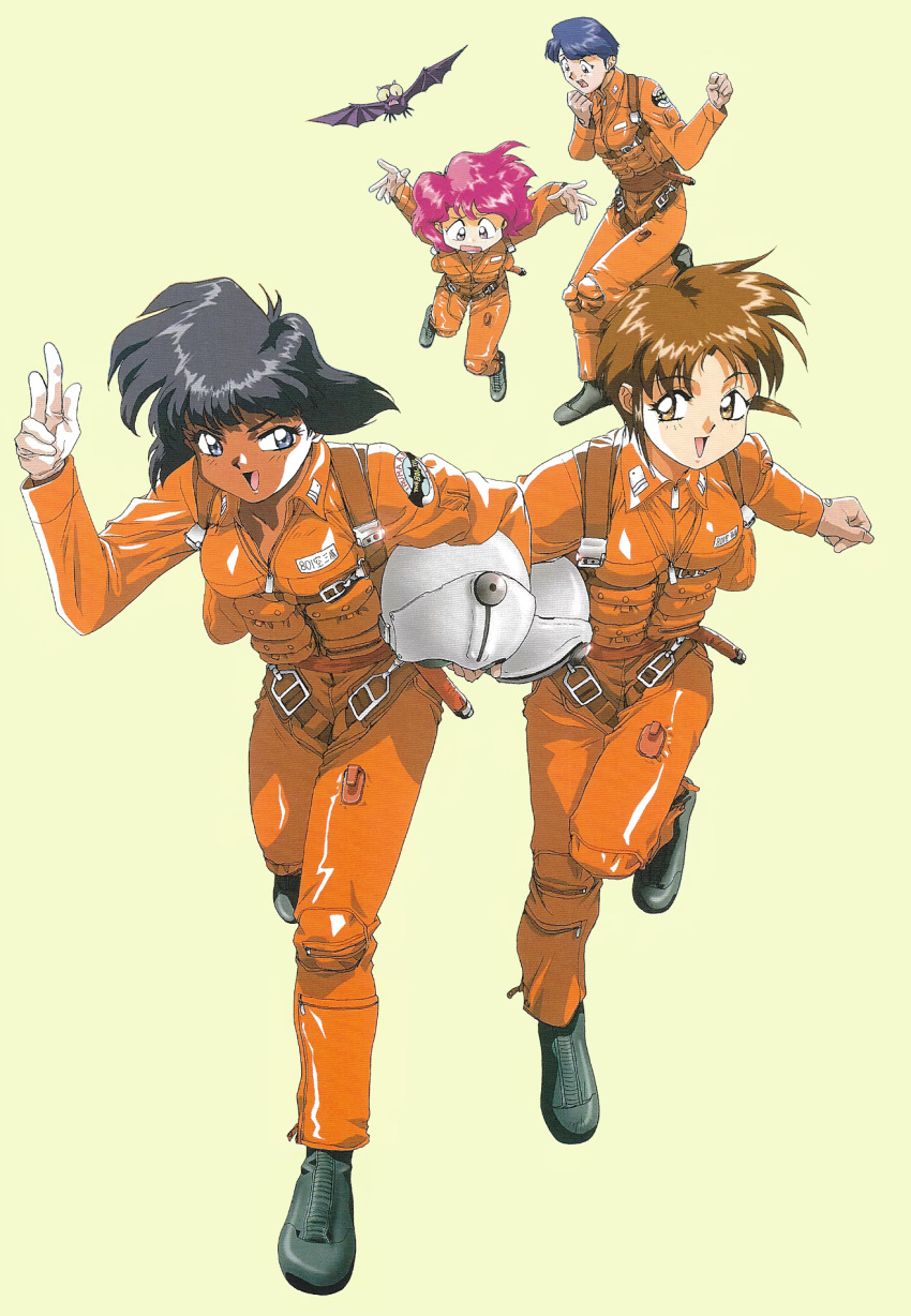 1990s_(style) 4girls aozora_shoujotai black_footwear black_hair blue_hair brown_eyes brown_hair carrying carrying_under_arm dark-skinned_female dark_skin flight_suit g-suit gloves haneda_miyuki helmet highres holding holding_helmet holster japan_air_self-defense_force japan_self-defense_force long_sleeves medium_hair military mitaka_arisa multiple_girls non-web_source official_art open_mouth orange_suit pink_hair retro_artstyle saginomiya_sakura shimorenjaku_youko short_hair simple_background thunderbirds_(team)