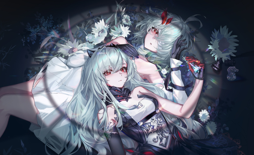 2girls bandage_over_one_eye bare_shoulders berenica_(duet_night_abyss) black_dress black_gloves breasts chess_piece closed_mouth commentary detached_sleeves dress duet_night_abyss english_commentary gloves hair_between_eyes hair_ornament highres holding holding_chess_piece long_hair looking_at_viewer lying medium_breasts multiple_girls on_back parted_lips phoxhunter_(duet_night_abyss) red_eyes the_girl_in_the_dream_(duet_night_abyss) white_dress white_hair white_sleeves zoe_(jaag5358)