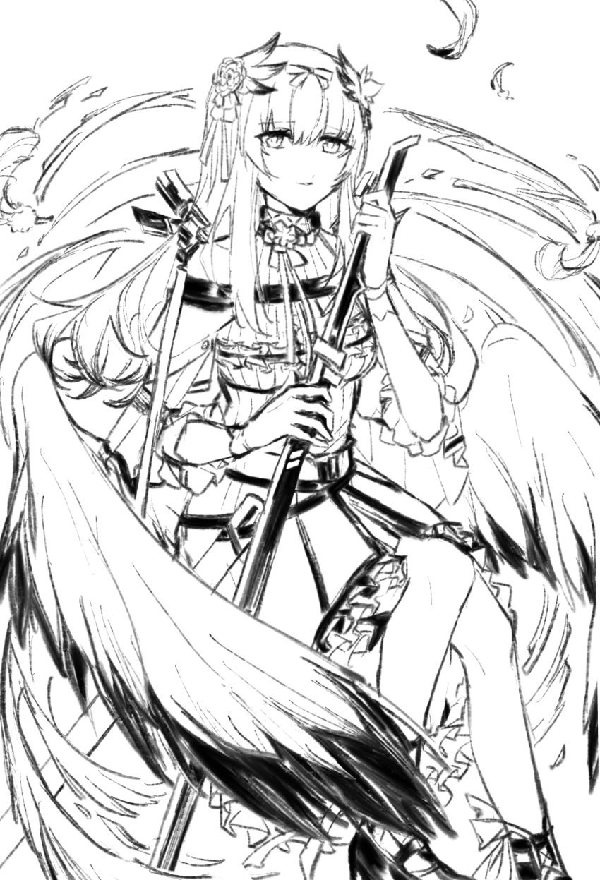 1girl arknights bibeak_(arknights) black_boots boots bow capelet chinese_commentary closed_mouth dress feather_hair feathers flower full_body gloves hair_bow hair_flower hair_ornament highres holding holding_sword holding_weapon looking_at_viewer nervous petticoat puffy_short_sleeves puffy_sleeves rose scabbard schwarzcrz sheath short_sleeves sidelocks sitting solo standing sword translation_request weapon white_background white_bow white_capelet white_gloves wings