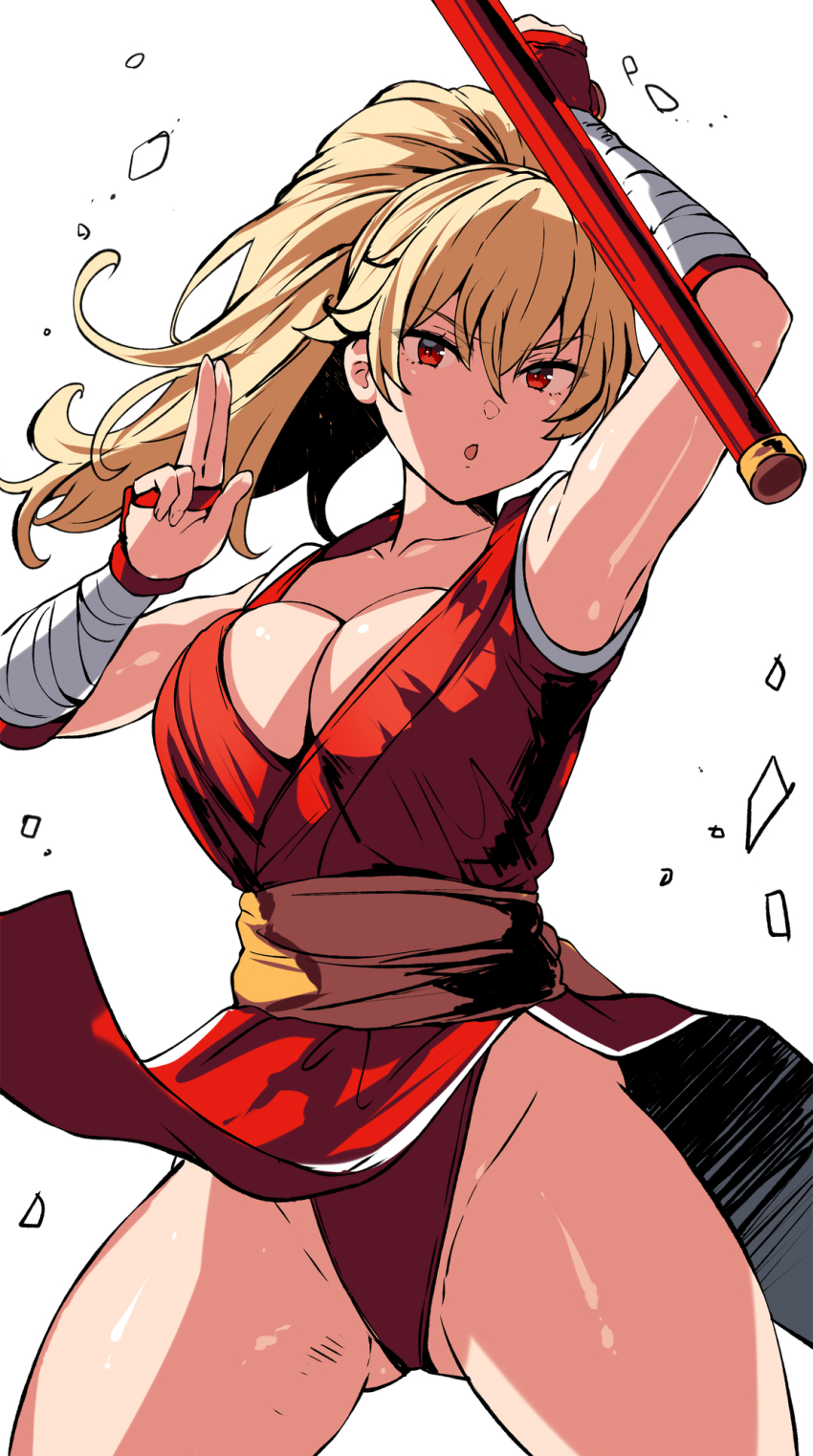 1girl :o bandaged_arm bandages belko blonde_hair breasts capcom cleavage cleavage_cutout clothes_lift clothing_cutout collarbone female_focus final_fight final_fight_2 genryuusai_maki hair_between_eyes highres large_breasts long_hair looking_at_viewer ponytail red_eyes skirt skirt_lift solo thick_thighs thighs white_background