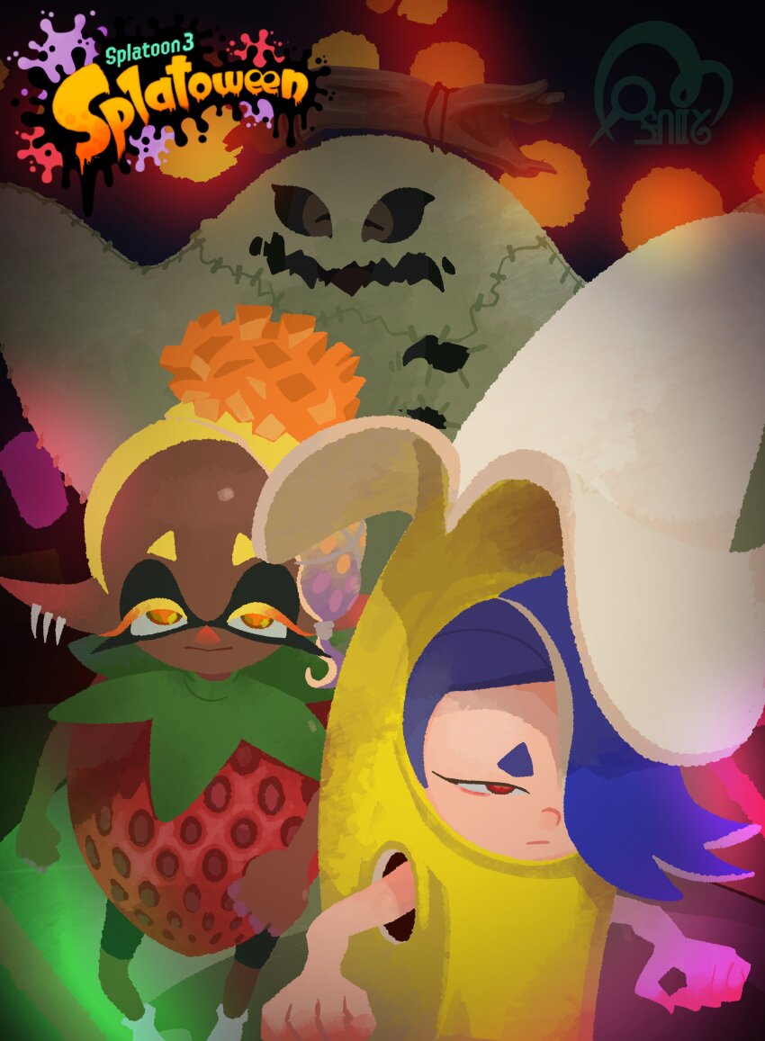 1boy 2girls absurdres alternate_color alternate_hairstyle banana_costume big_man_(splatoon) black_background blonde_hair copyright_name dark-skinned_female dark_skin ear_piercing frye_(splatoon) ghost_costume hair_over_one_eye halloween halloween_costume hey_arnold! highres inkling logo manta_ray multiple_girls nintendo octoling official_alternate_costume piercing pointy_ears red_eyes shiver_(splatoon) splatoon_(series) splatoon_3 strawberry_costume tentacle_hair yellow_eyes
