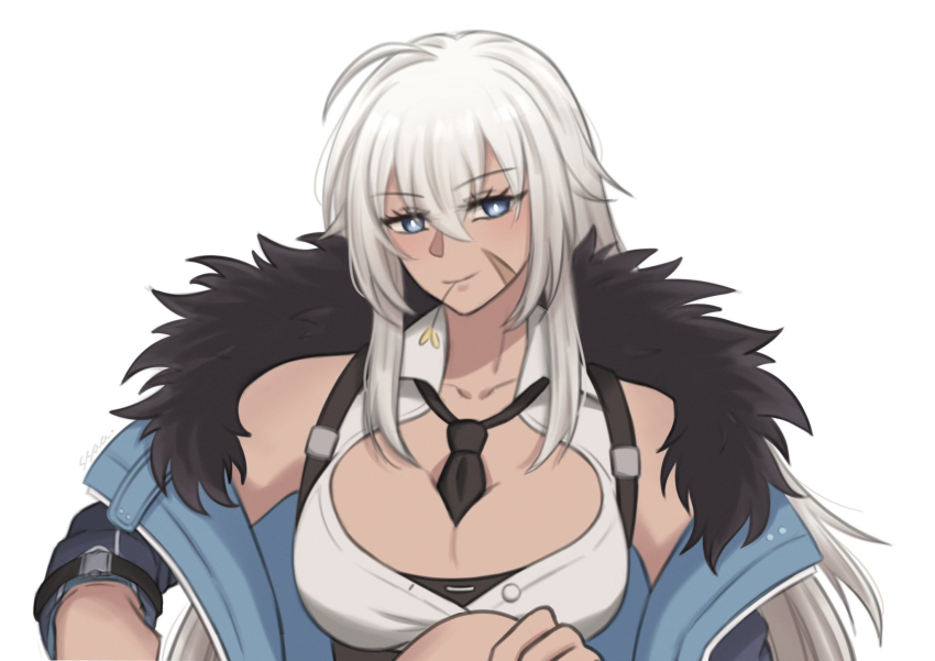 1girl azur_lane between_breasts biscottidiptea black_necktie blue_eyes blue_jacket breasts bright_pupils closed_mouth collared_shirt dark-skinned_female dark_skin facial_scar fur-trimmed_jacket fur_trim highres indiana_(azur_lane) jacket large_breasts long_hair looking_at_viewer mouth_hold necktie necktie_between_breasts open_clothes open_jacket scar scar_on_cheek scar_on_face shirt simple_background sleeveless sleeveless_shirt smile solo stalk_in_mouth tan upper_body white_background white_hair white_pupils white_shirt