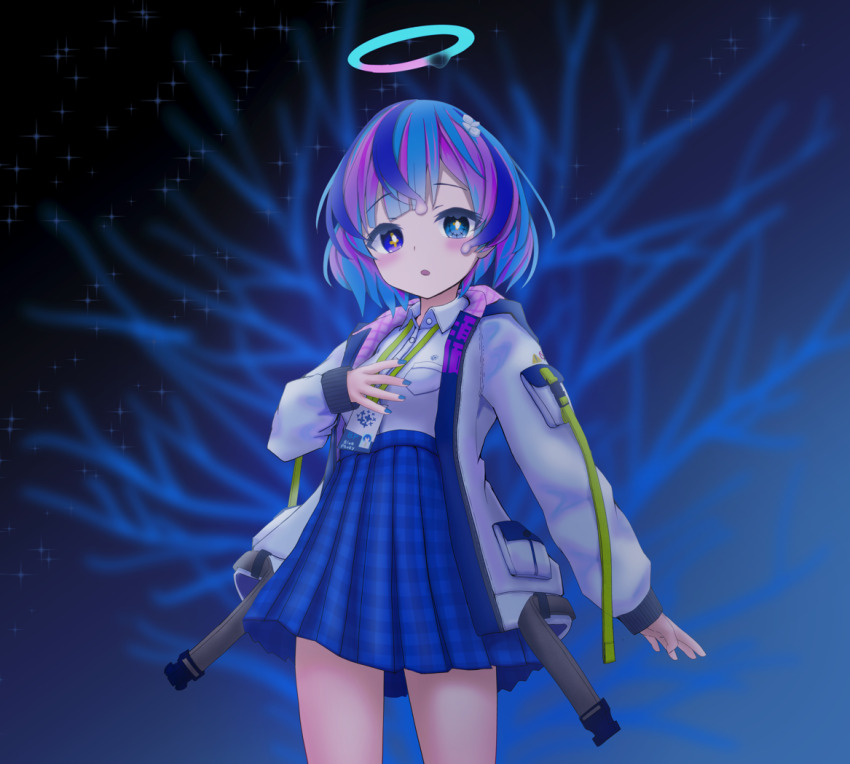 1girl bandaid bandaid_on_face blue_eyes blue_hair blue_skirt blush bright_pupils collared_shirt cowboy_shot drenched_shizuku-san hair_ornament halo hand_on_own_chest id_card jacket lanyard long_sleeves looking_at_viewer multicolored_eyes multicolored_hair nail_polish nayanaiti open_clothes open_jacket open_mouth pink_hair plaid_clothes plaid_skirt pleated_skirt purple_eyes purple_hair shirt short_hair skirt solo streaked_hair vrchat white_jacket white_shirt