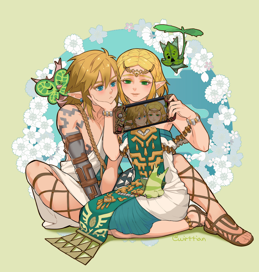 1boy 1girl 3others :&lt; armlet ass blonde_hair blue_background blue_eyes body_markings circlet colored_skin dress floral_background green_eyes grey_skin highres jewelry korok leaf_umbrella link multiple_others nintendo pointy_ears princess_zelda prosthesis prosthetic_arm sandals sheikah_slate strapless strapless_dress the_legend_of_zelda the_legend_of_zelda:_tears_of_the_kingdom toga white_dress wirttian