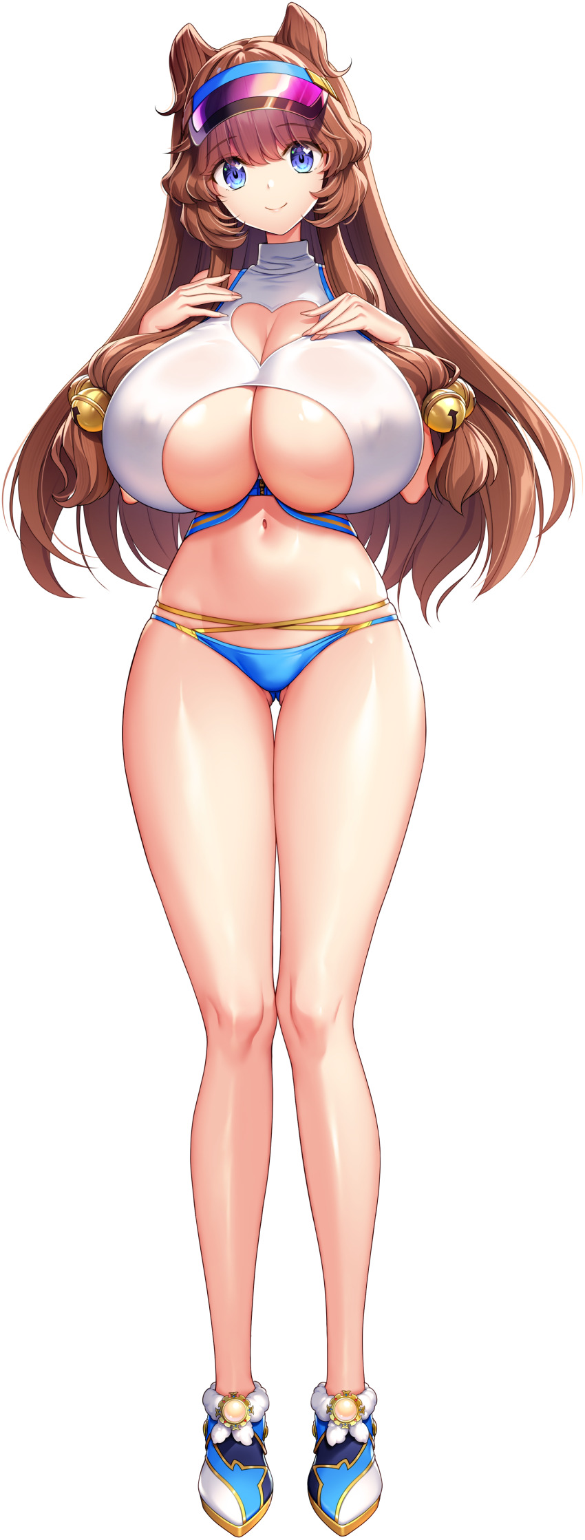 1girl absurdres akagi_rio bell blue_buruma blue_eyes breasts brown_hair buruma cleavage cleavage_cutout clothing_cutout covered_erect_nipples crop_top double_bun eibel_haurisia full_body game_cg gluteal_fold gym_uniform hair_bell hair_bun hair_ornament hands_on_own_chest heart_cutout highres huge_breasts long_hair long_sidelocks looking_at_viewer low-tied_sidelocks milk_factory motto!_haramase!_honoo_no_oppai_isekai_oppai_maid_gakuen! navel non-web_source official_art pink_visor shoes sidelocks smile sneakers solo sprite standing tachi-e transparent_background visor_cap