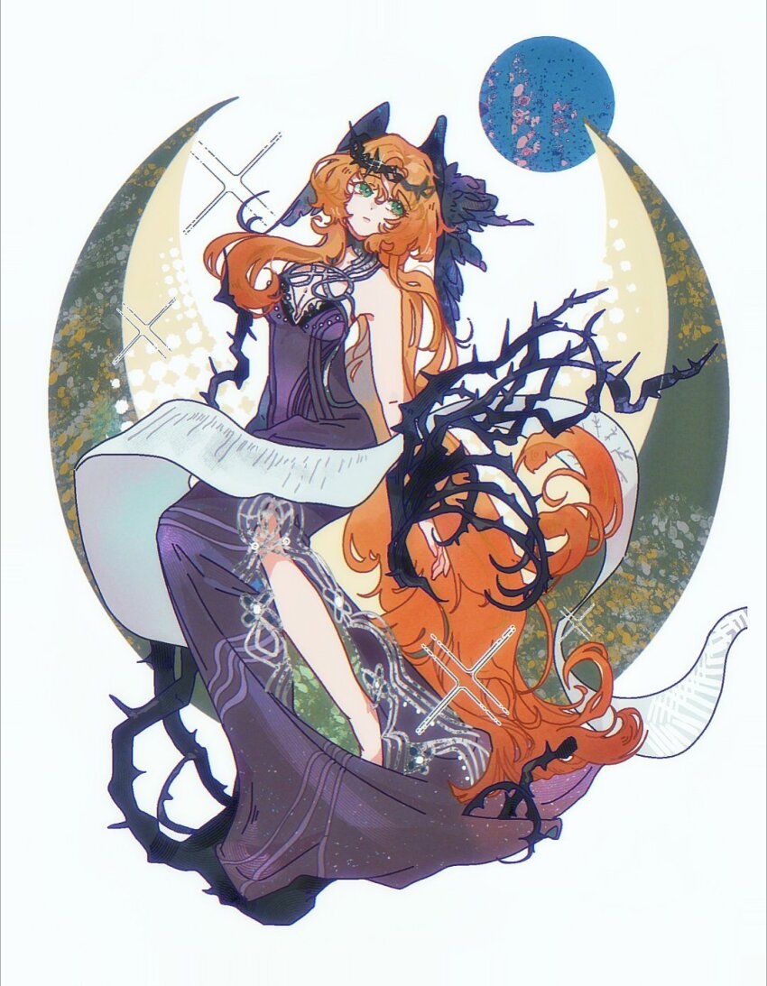 1girl bare_arms bare_shoulders black_wings breasts cleavage crescent crown_of_thorns dress druvis_iii druvis_iii_(shrouded_in_thorns) feathered_wings full_body green_eyes head_wings highres long_dress long_hair looking_to_the_side official_alternate_costume on_crescent orange_hair purple_dress reverse:1999 scroll side_slit sitting sleeveless sleeveless_dress solo very_long_hair white_background wings zaixian_zuomeng
