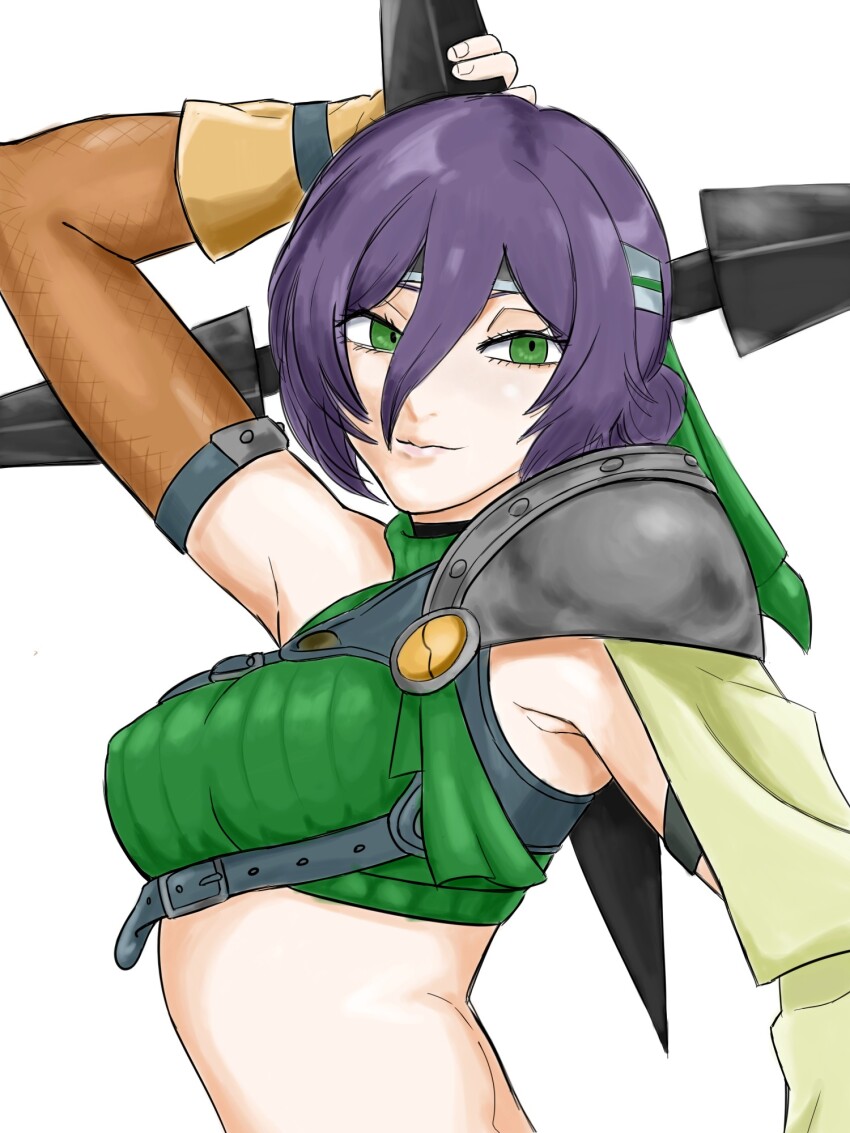 1girl armor chainsaw_man closed_mouth cosplay cropped_sweater final_fantasy final_fantasy_vii fingerless_gloves forehead_protector gloves green_eyes green_sweater hair_between_eyes hair_bun highres holding holding_shuriken holding_weapon orange_gloves pauldrons purple_hair reze_(chainsaw_man) shoulder_armor shuriken simple_background single_pauldron sleeveless sleeveless_turtleneck solo sweater thebabalgam turtleneck weapon white_background yuffie_kisaragi yuffie_kisaragi_(cosplay)